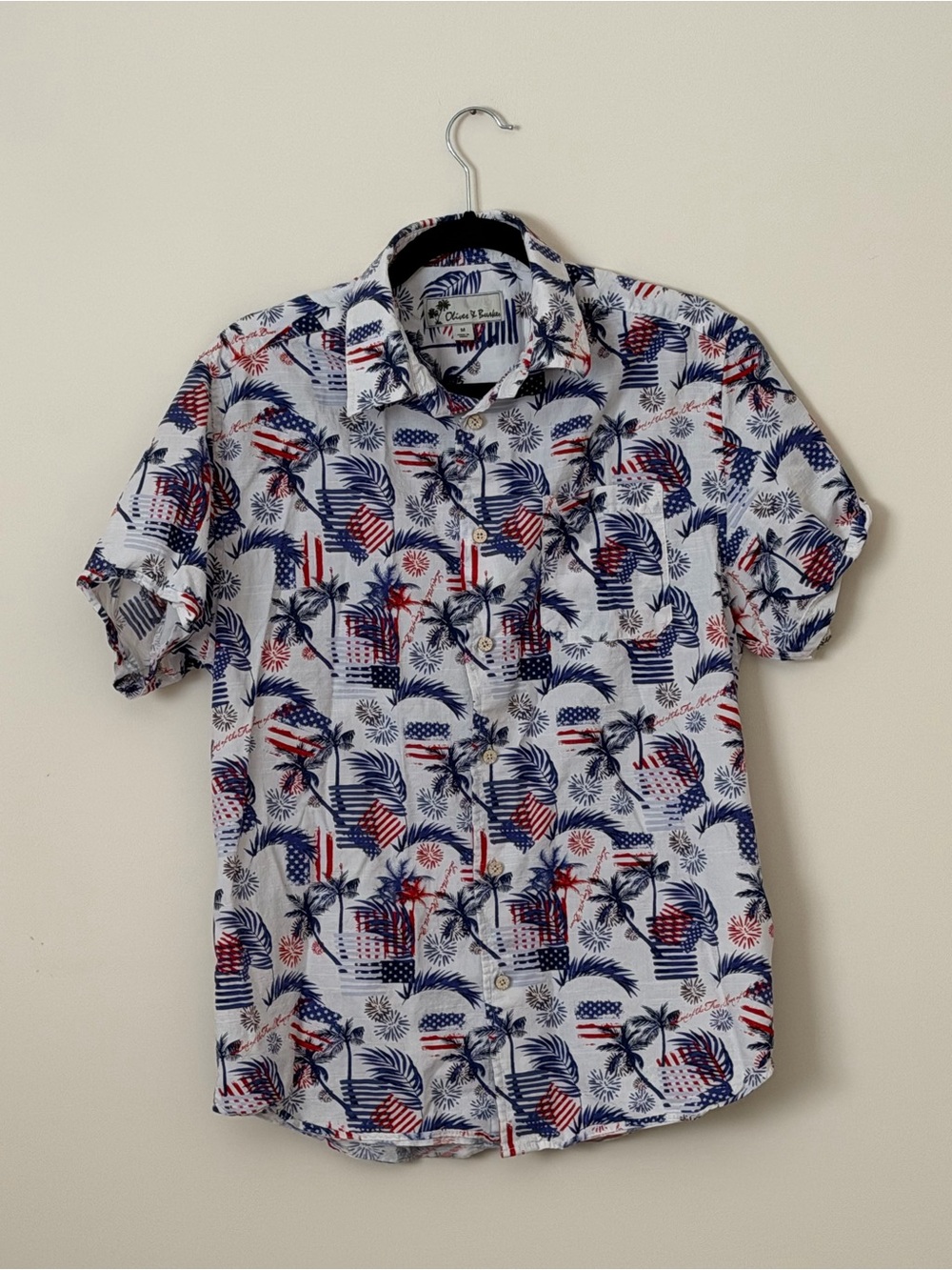 Oliver & Burke Men’s White Patriotic Hawaiian Short-Sleeve Button-Down Shirt